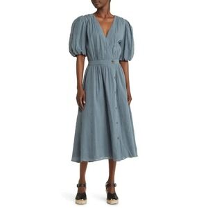 NWOT Treasure Bond Midi Dress Puff Sleeve Button Front Casual Blue Size S‎